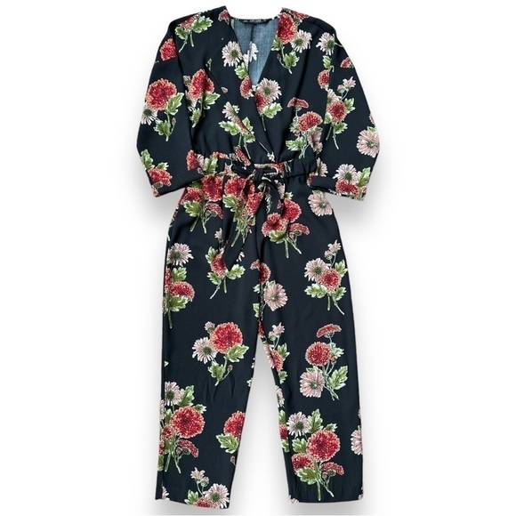 Zara Dark Floral Cross Front Long Sleeve Jumpsuit | Size Extra Small - Picture 5 of 16